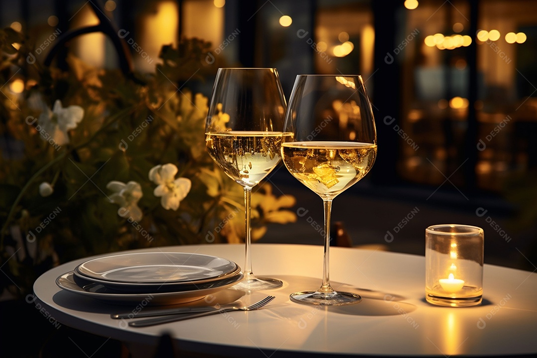 Uma mesa de restaurante com uma taça de vinho branco, luz dourada suave, restaurante caro com lindas luzes, ao ar livre e à noite