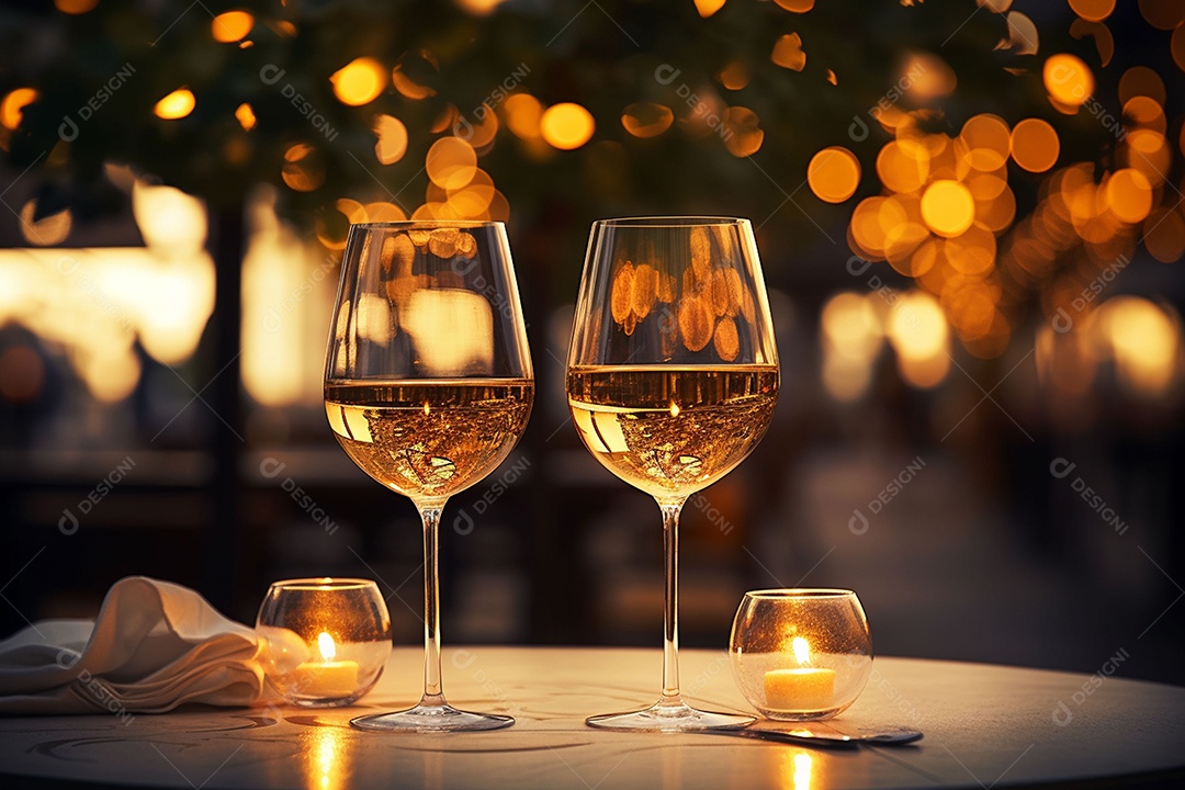 Uma mesa de restaurante com uma taça de vinho branco, luz dourada suave, restaurante caro com lindas luzes, ao ar livre e à noite