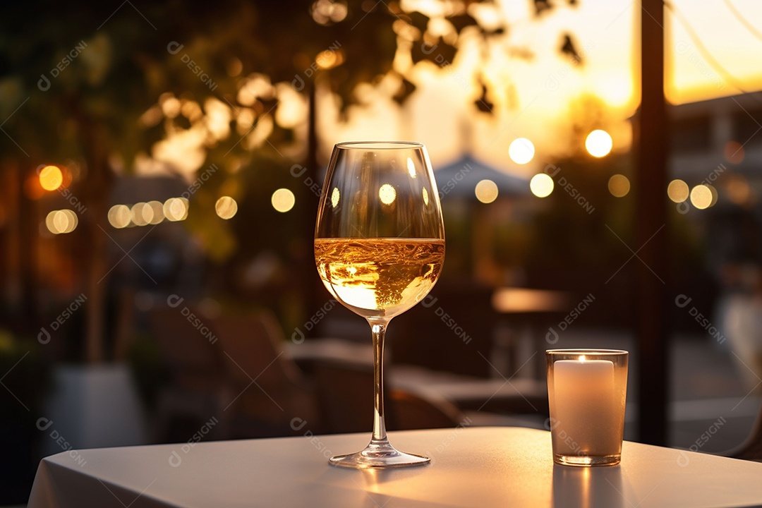 Uma mesa de restaurante com uma taça de vinho branco, luz dourada suave, restaurante caro com lindas luzes, ao ar livre e à noite