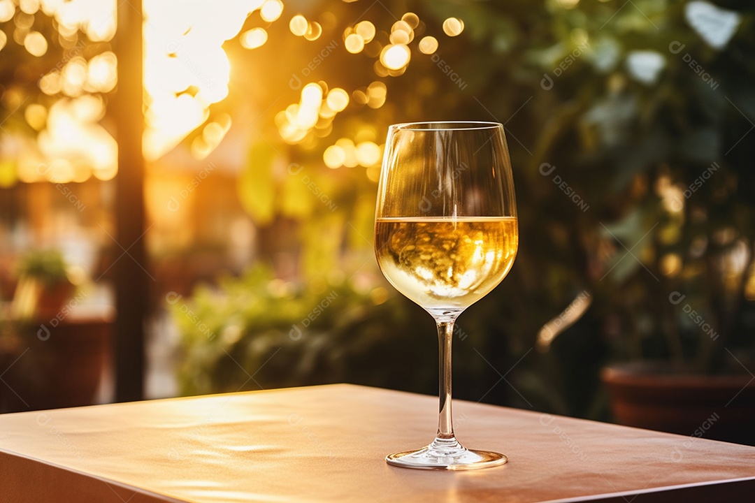 Uma mesa de restaurante com uma taça de vinho branco, luz dourada suave, restaurante caro com lindas luzes, ao ar livre e à noite