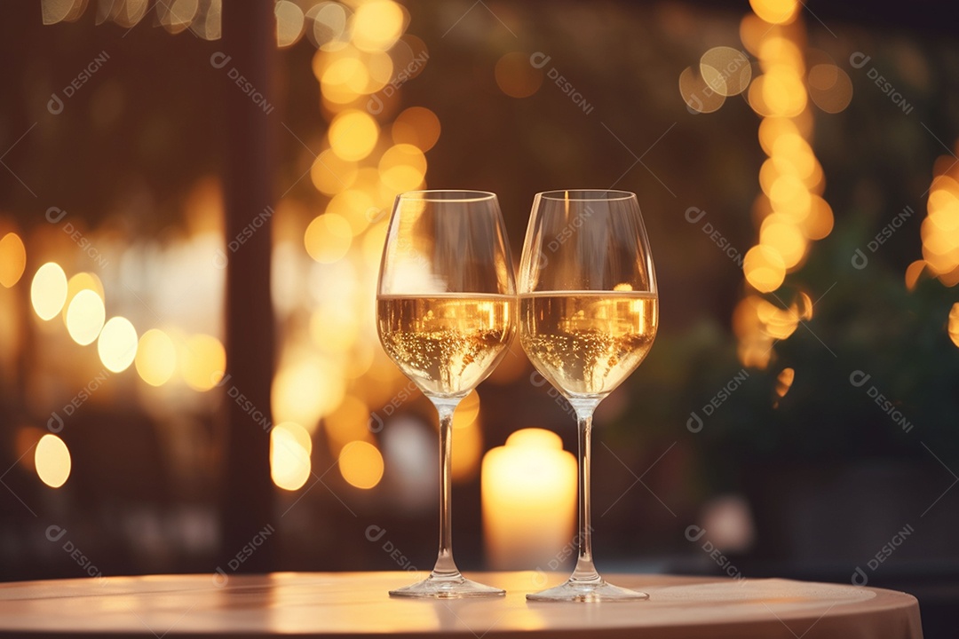 Uma mesa de restaurante com uma taça de vinho branco, luz dourada suave, restaurante caro com lindas luzes, ao ar livre e à noite