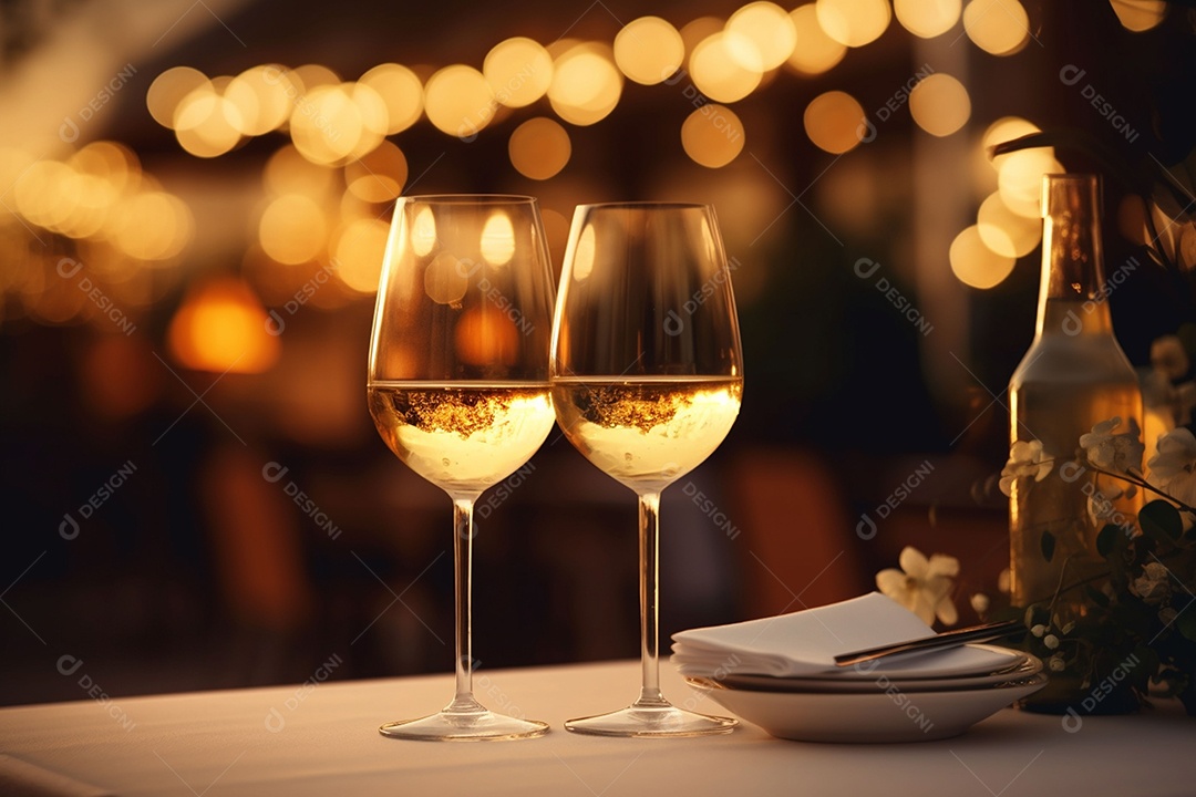 Uma mesa de restaurante com uma taça de vinho branco, luz dourada suave, restaurante caro com lindas luzes, ao ar livre e à noite