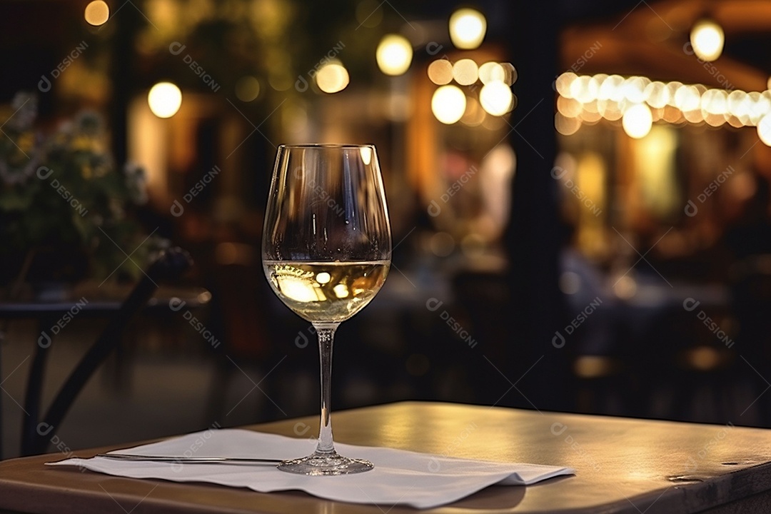 Uma mesa de restaurante com uma taça de vinho branco, luz dourada suave, restaurante caro com lindas luzes, ao ar livre e à noite
