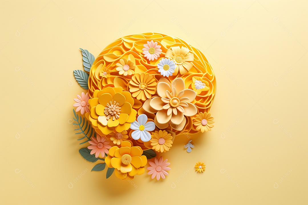 Conceito do dia mundial da saúde mental. Símbolo de cabeça humana de papel e flores sobre fundo azul