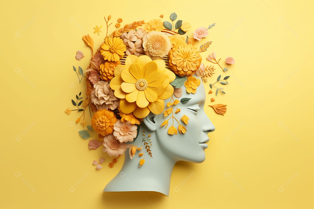 Conceito do dia mundial da saúde mental. Símbolo de cabeça humana de papel e flores sobre fundo azul