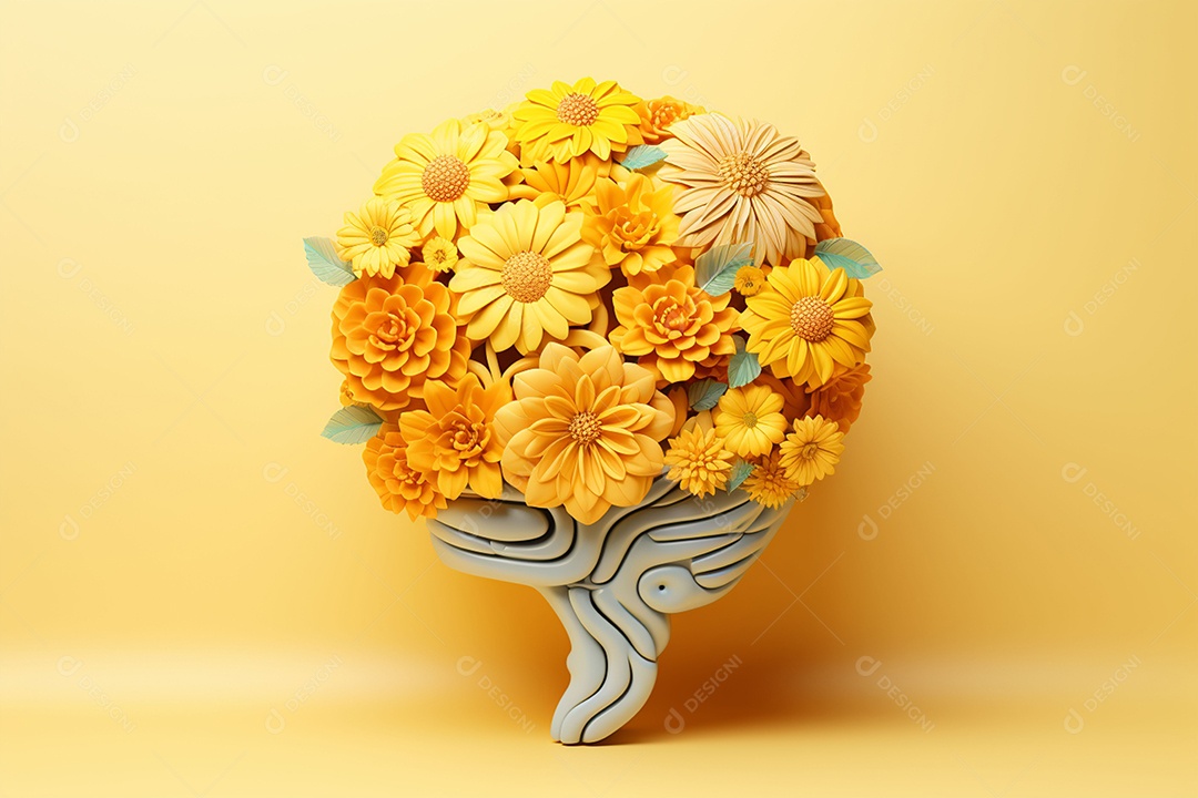 Conceito do dia mundial da saúde mental. Símbolo de cabeça humana de papel e flores sobre fundo azul