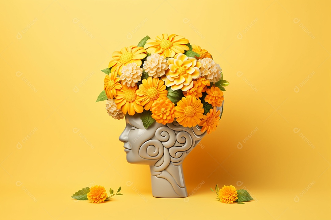 Conceito do dia mundial da saúde mental. Símbolo de cabeça humana de papel e flores sobre fundo azul