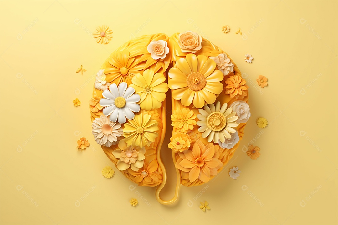 Conceito do dia mundial da saúde mental. Símbolo de cabeça humana de papel e flores sobre fundo azul