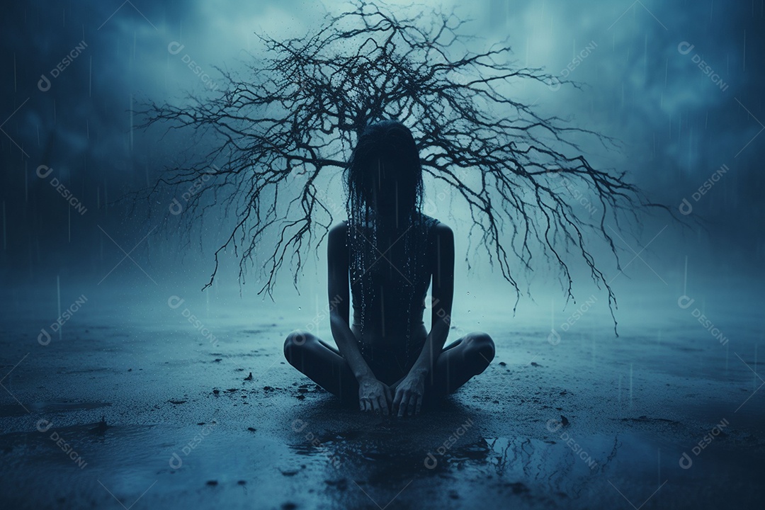 Conceito de transtorno de saúde mental. Mulher deprimida exausta tocando a testa. Foto de silhueta de mulher estressada combinada com aquarela.