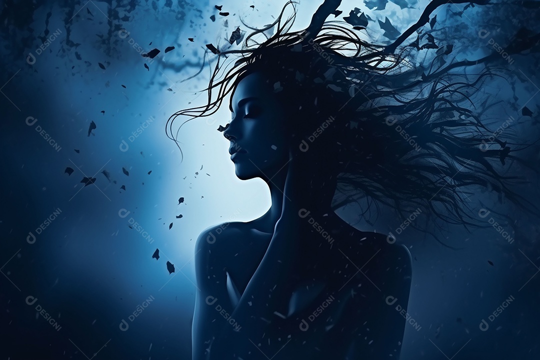 Conceito de transtorno de saúde mental. Mulher deprimida exausta tocando a testa. Foto de silhueta de mulher estressada combinada com aquarela.