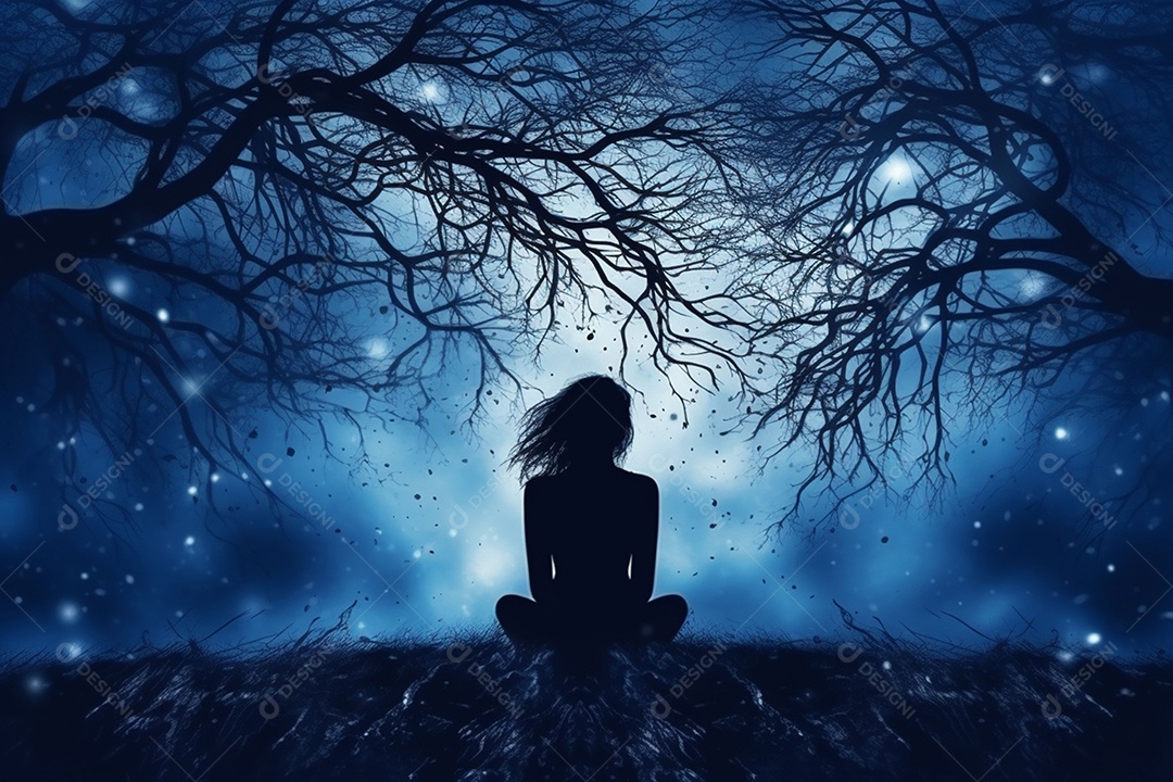 Conceito de transtorno de saúde mental. Mulher deprimida exausta tocando a testa. Foto de silhueta de mulher estressada combinada com aquarela.