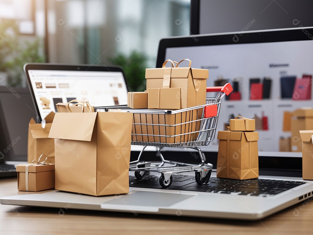 Caixas de embalagem de produtos e sacola de compras e carrinho na parte superior do laptop