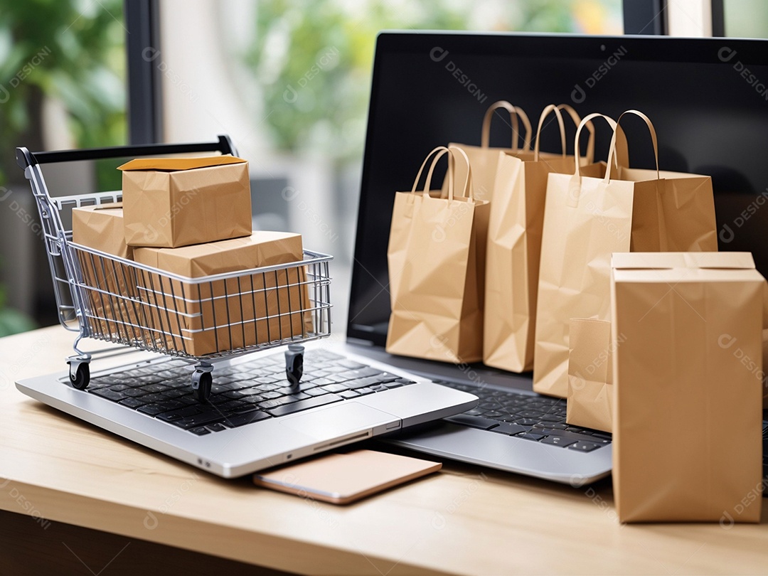 Caixas de embalagem de produtos e sacola de compras e carrinho na parte superior do laptop