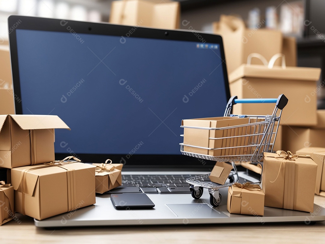 Caixas de embalagem de produtos e sacola de compras e carrinho na parte superior do laptop