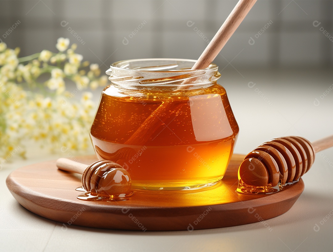 Mel no pote com uma colher de pau, isolada no branco