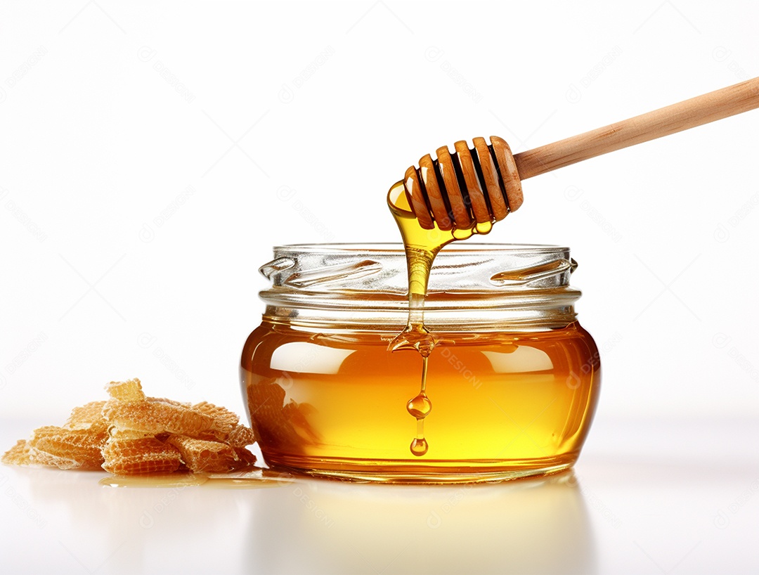 Mel no pote com uma colher de pau, isolada no branco