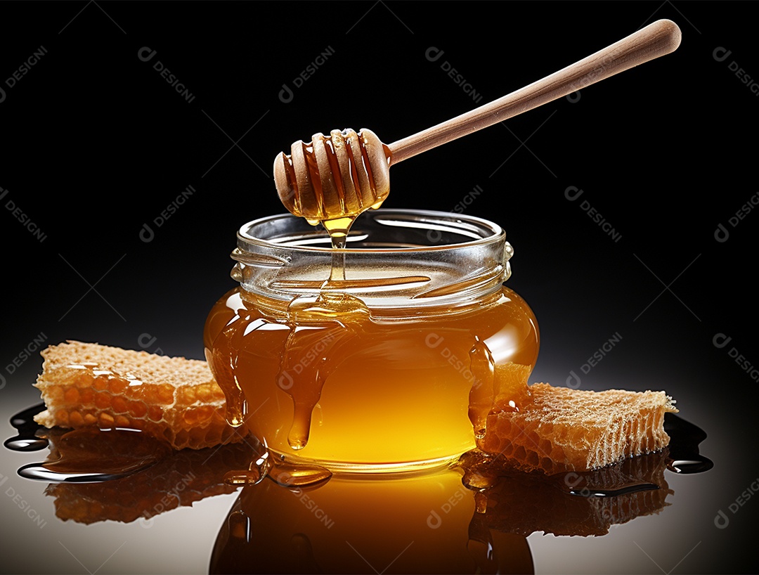 Mel no pote com uma colher de pau