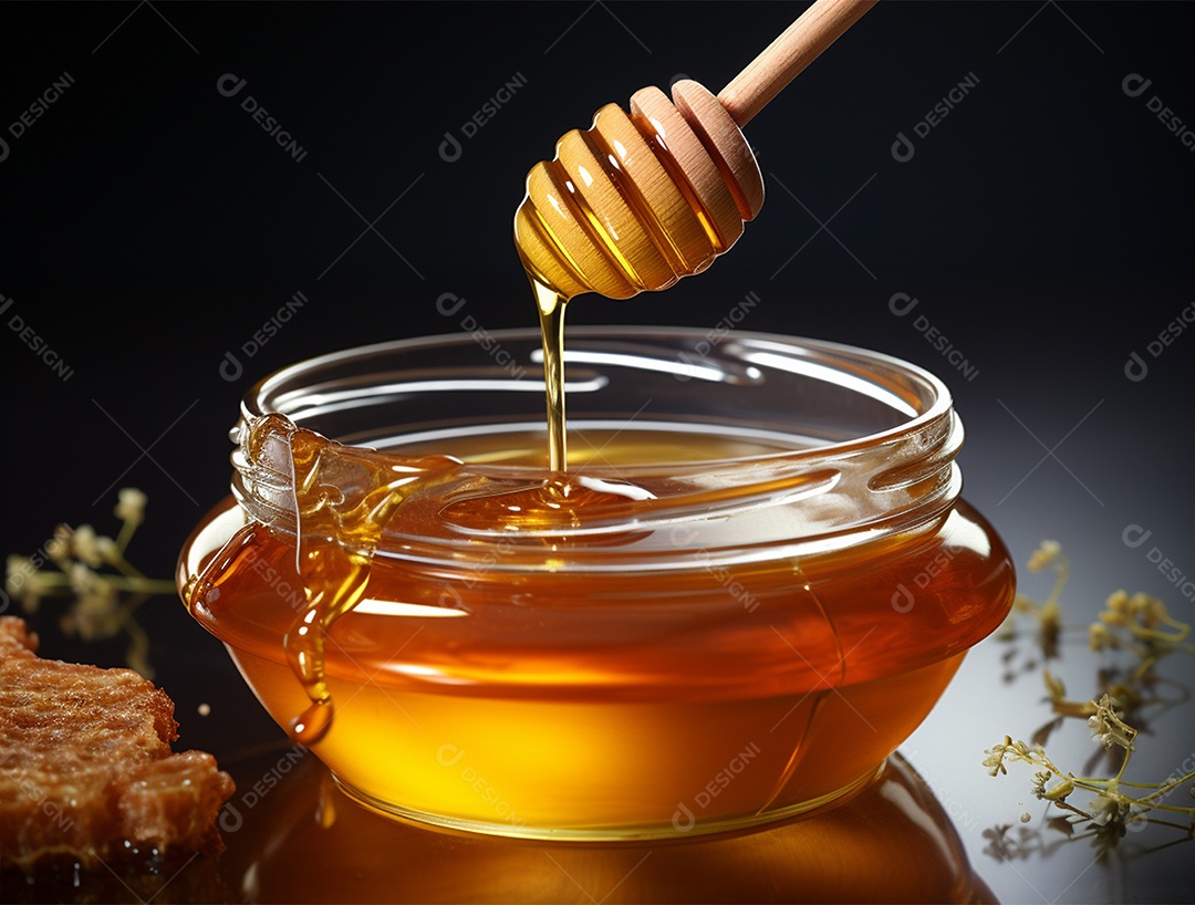 Mel no pote com uma colher de pau