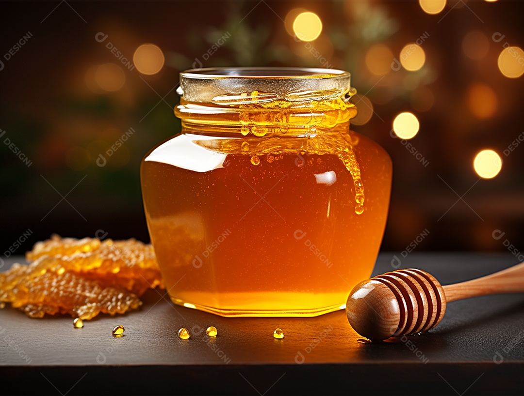 Mel no pote com uma colher de pau