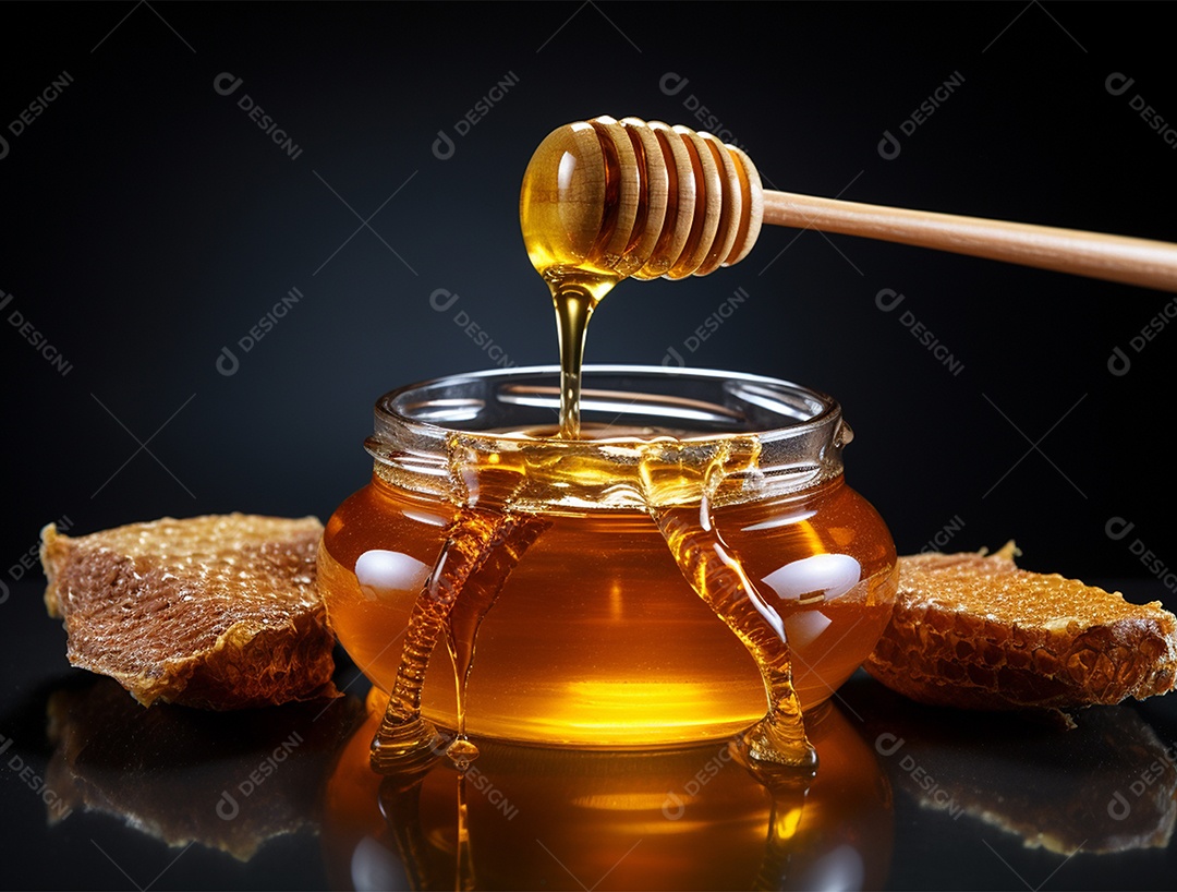 Mel no pote com uma colher de pau