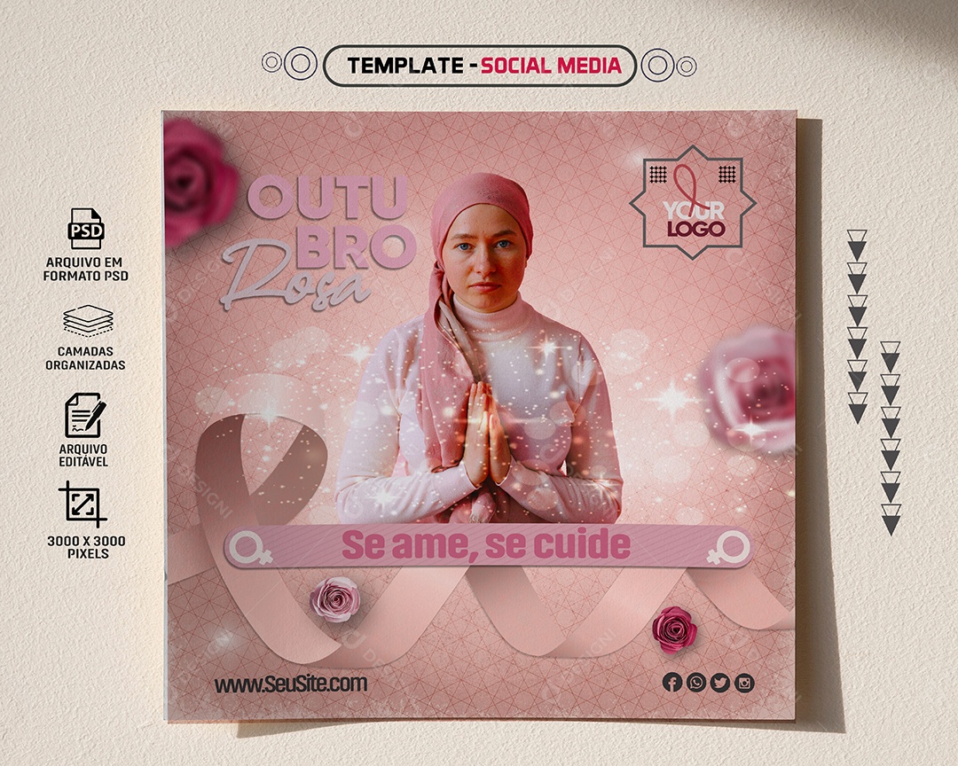 Feed Se Ame Se Cuide Outubro Rosa Social Media PSD Editável