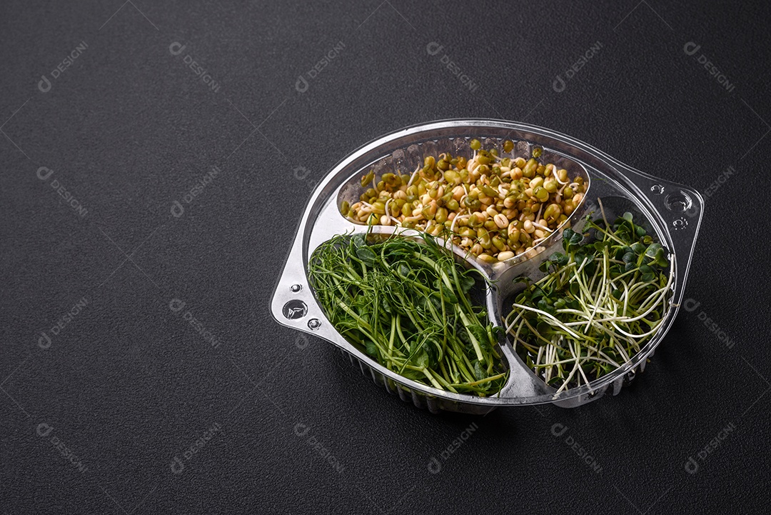 Um conjunto ou mistura de microgreens de ervilha, mostarda e feijão mungo germinado em uma caixa de plástico repartida sobre um fundo escuro de concreto