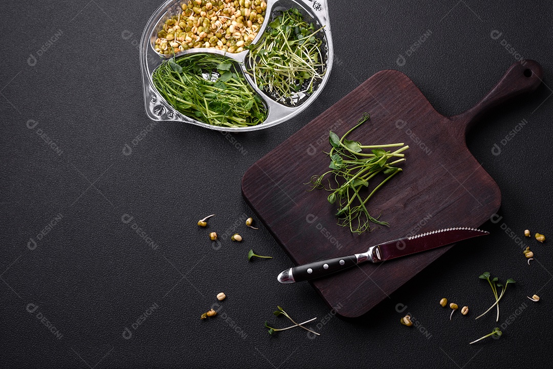 Um conjunto ou mistura de microgreens de ervilha, mostarda e feijão mungo germinado em uma caixa de plástico repartida sobre um fundo escuro de concreto