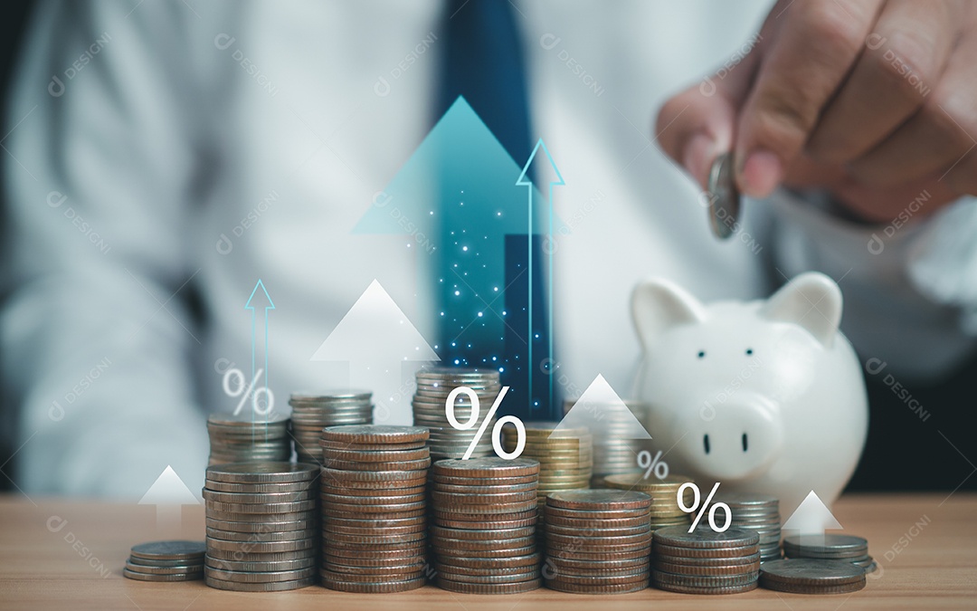 As moedas estão alinhadas em um piso de madeira junto com setas e ícone de porcentagem.