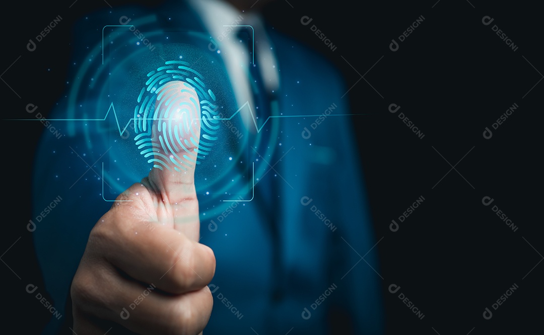 Empresário digitaliza identidade biométrica de impressão digital e aprovação. Acesso seguro concedido por leitura de impressão digital válida
