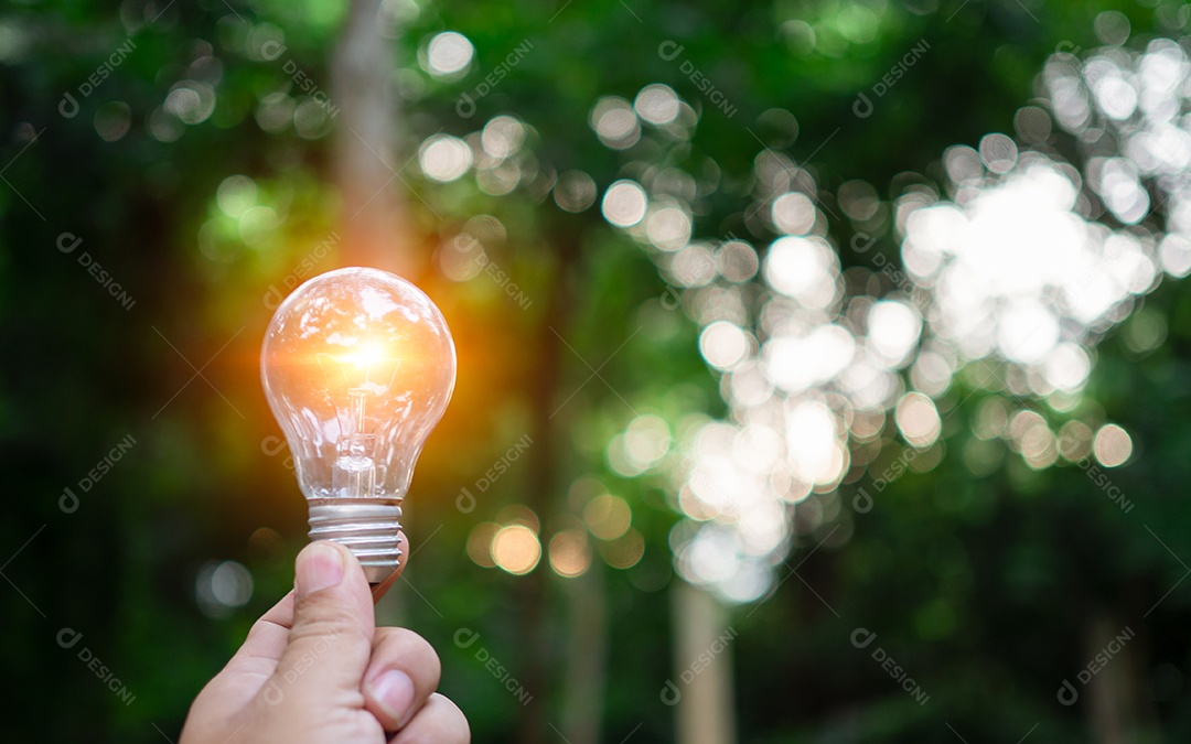 A mão humana segura uma lâmpada com fundo bokeh natural. Conceito de ideia, inovação e inspiração, conceito criativo