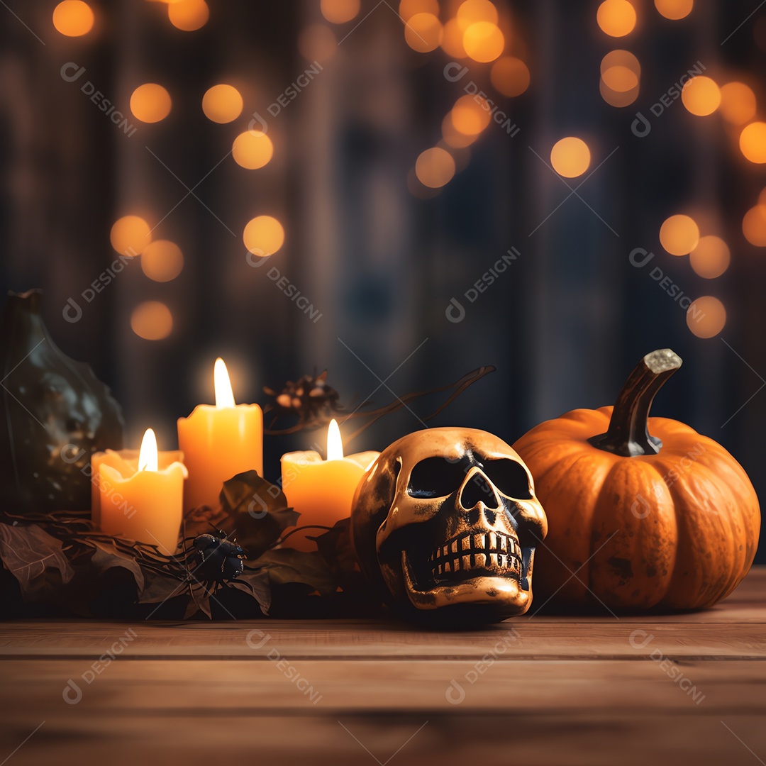 Decoração de Halloween em cima da mesa de madeira com fundo de cena de luz noturna desfocada