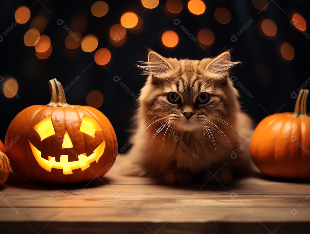 Decorativo de Halloween com gato em cima da mesa de madeira com fundo de cena noturna desfocado