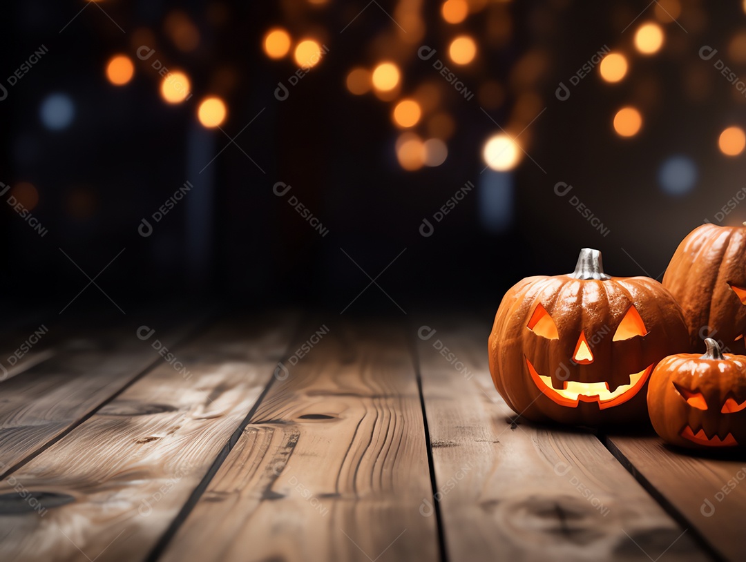 Decoração de Halloween em cima da mesa de madeira com fundo de cena de luz noturna desfocada