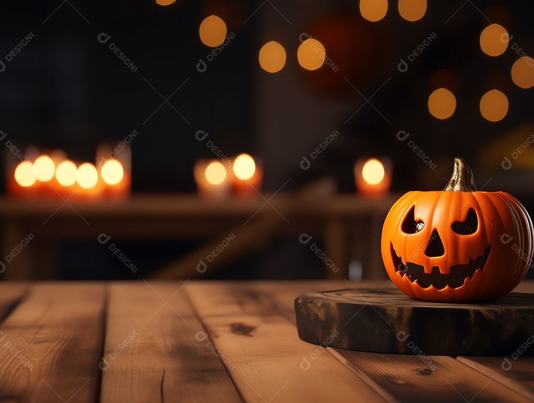 Decoração de Halloween em cima da mesa de madeira com fundo de cena de luz noturna desfocada