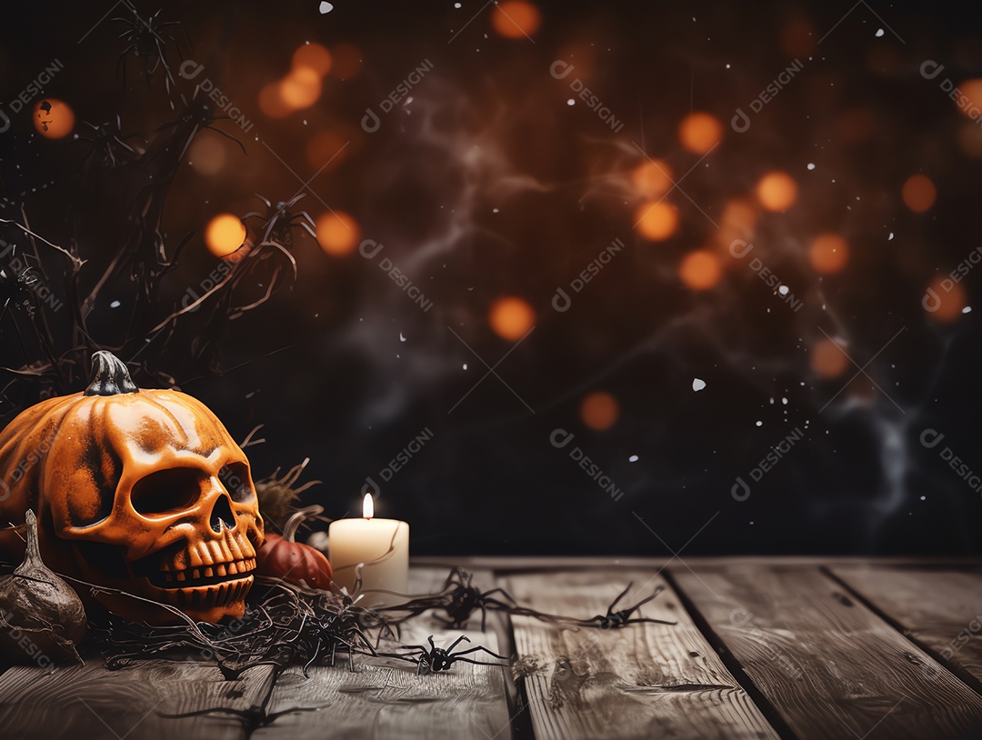 Decoração de Halloween em cima da mesa de madeira com fundo de cena de luz noturna desfocada