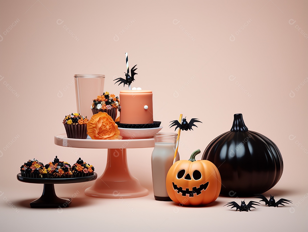 Feliz dia das bruxas decorado e comida para festa em fundo de estilo mínimo