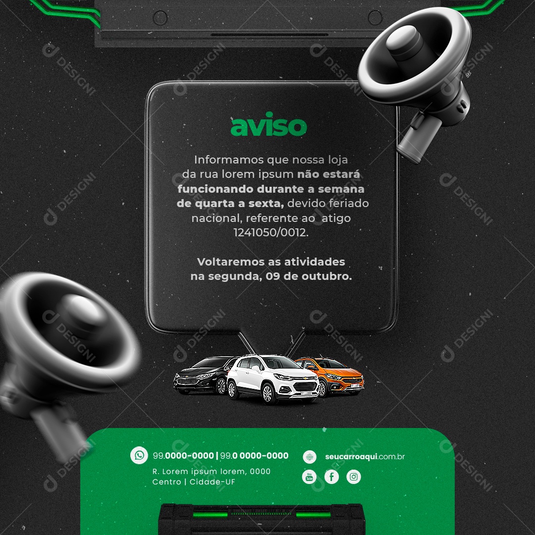Concessionária Aviso Feriado não Estará Funcionando Durante a Semana de Quarta a Sexta Social Media PSD Editável