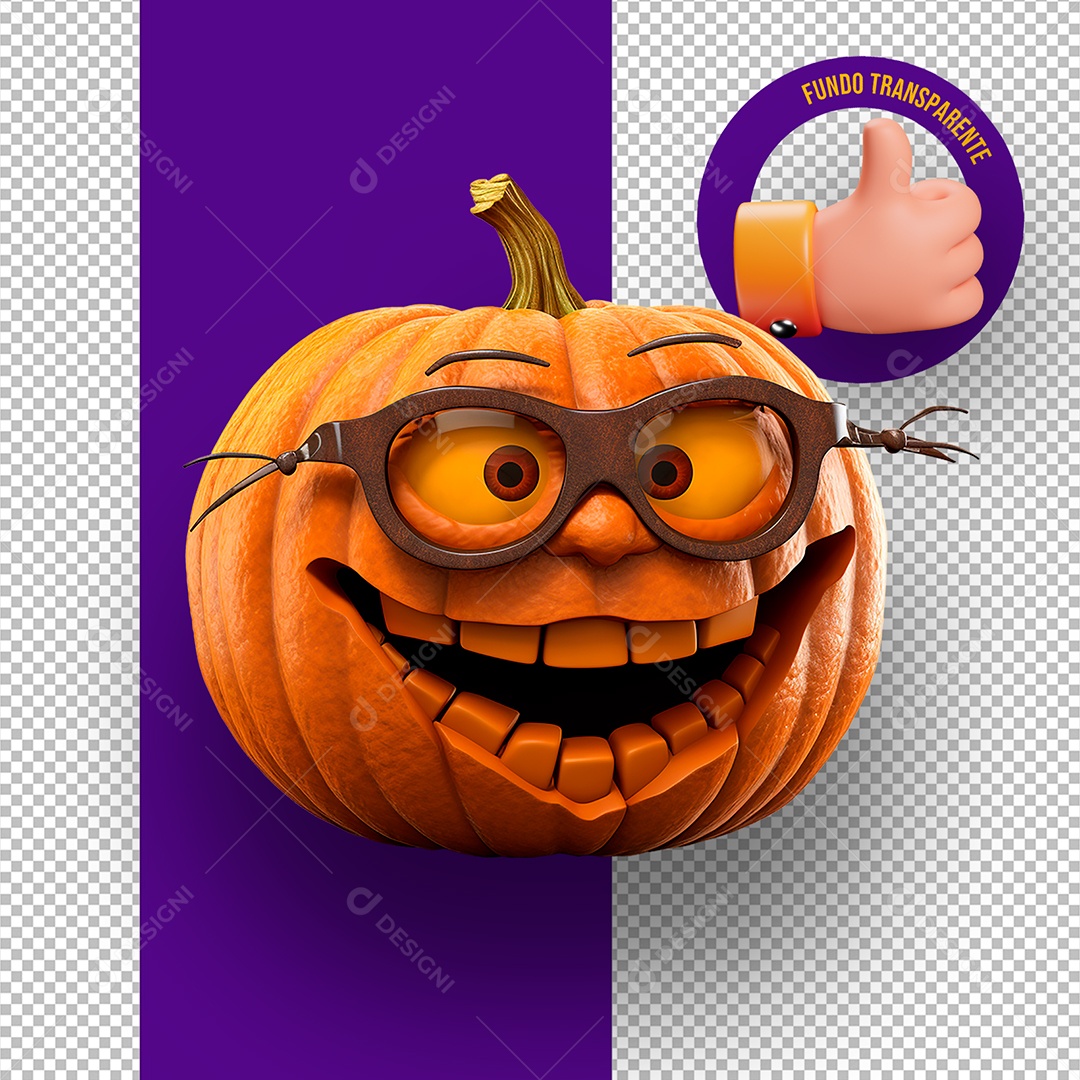 Cabeça de Abóbora com Óculos de Halloween Elemento 3D para Composição PSD