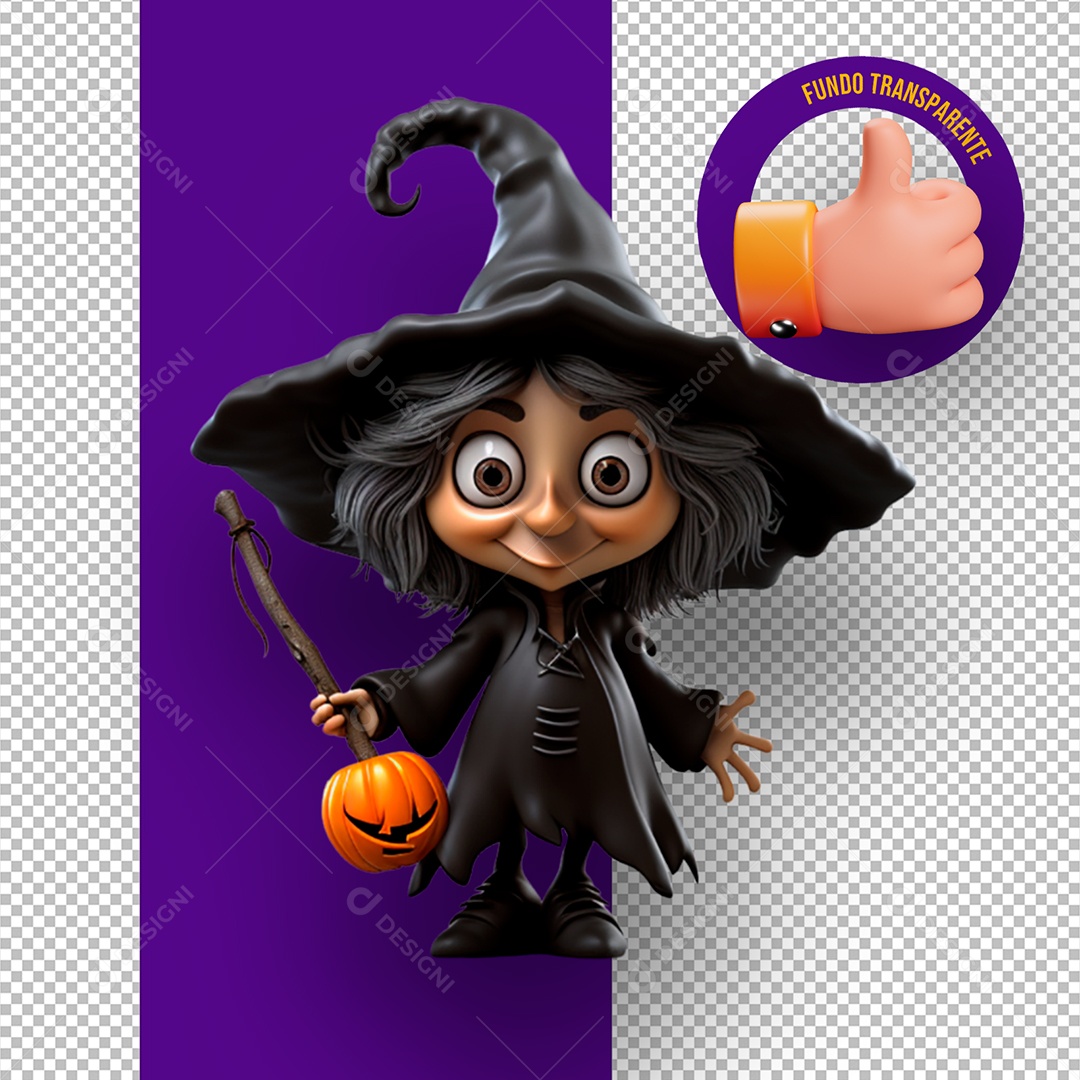 Bruxa Segurando Vassoura com Abóbora de Halloween Elemento 3D para Composição PSD