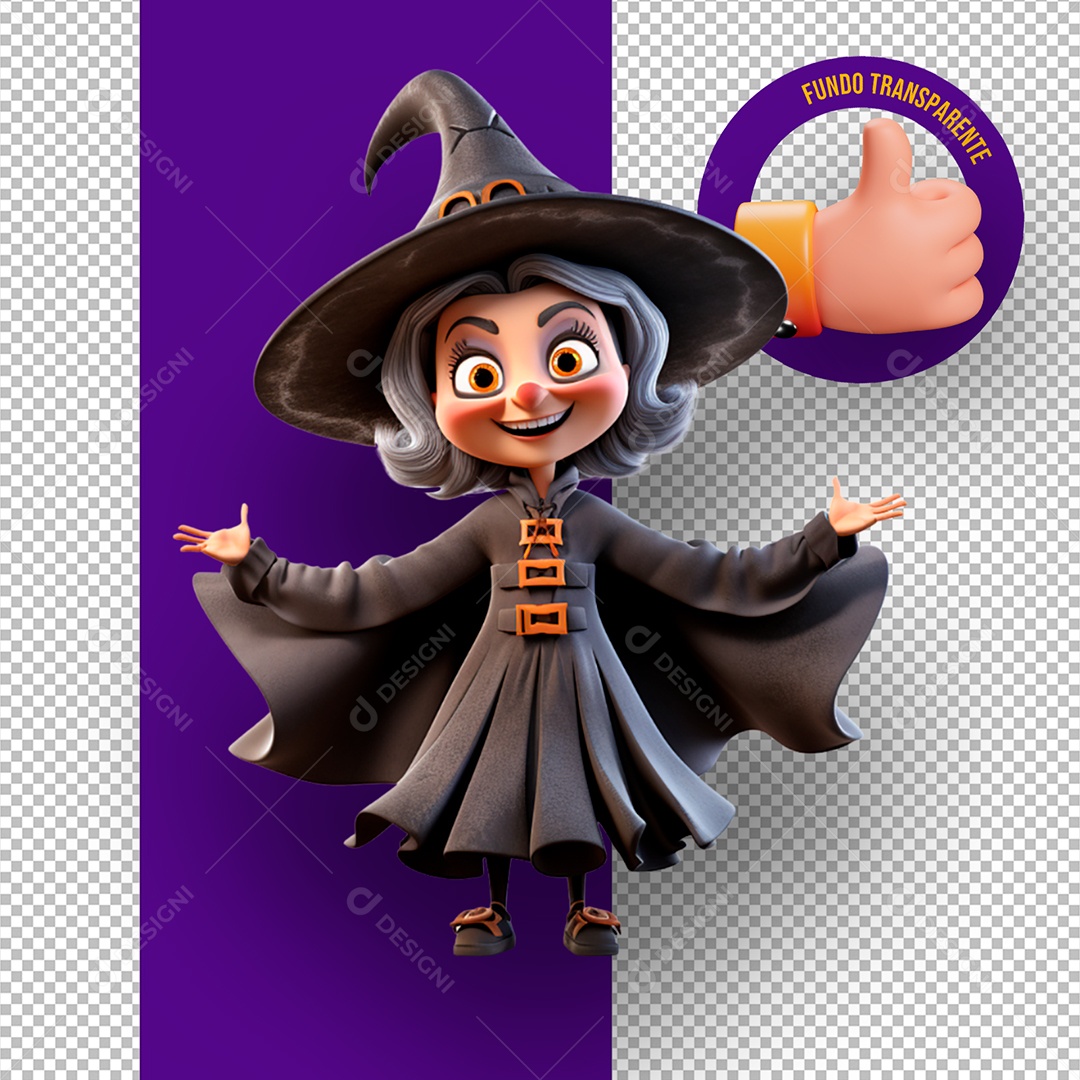 Jovem Bruxa de Halloween Elemento 3D para Composição PSD