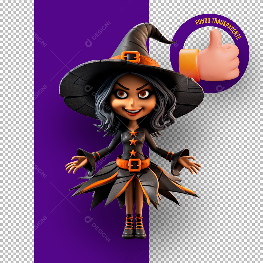 Bruxa Segurando Cabeça de Abóbora Elemento 3D de Halloween para Composição PSD