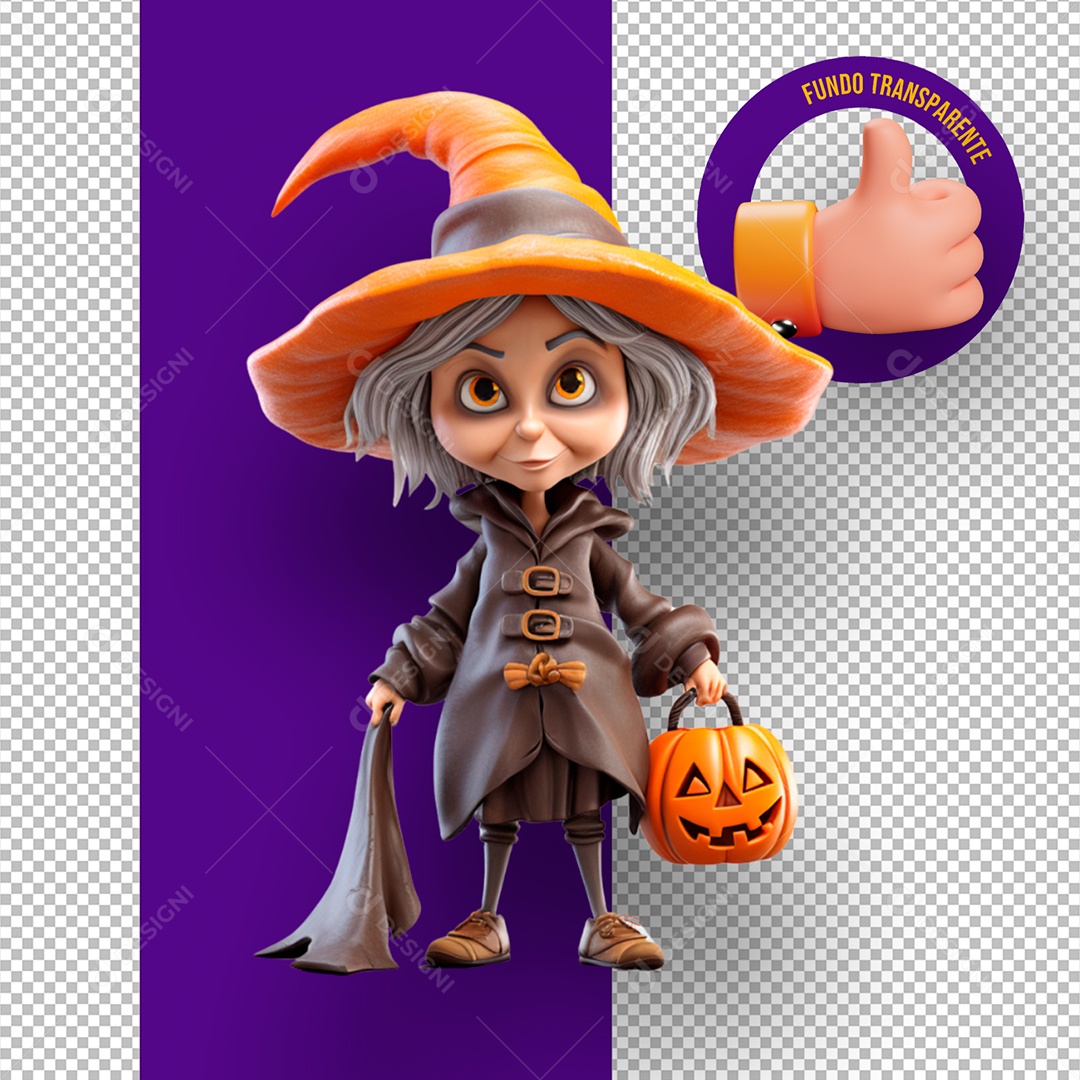 Bruxa Segurando Cabeça de Abóbora Elemento 3D de Halloween para Composição PSD