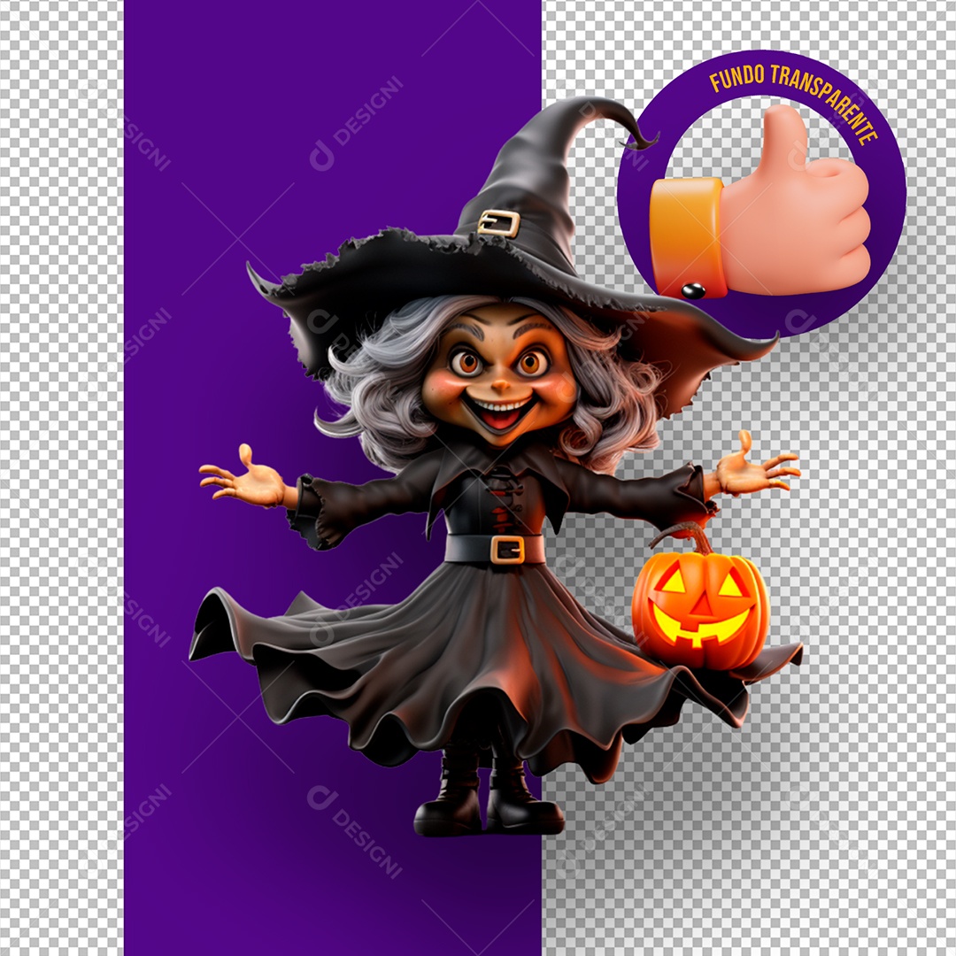 Bruxa Velha e Abóbora Elemento 3D de Halloween para Composição PSD