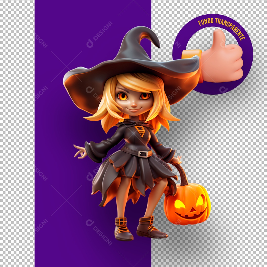 Bruxinha Segurando Abóbora Elemento 3D de Halloween para Composição PSD