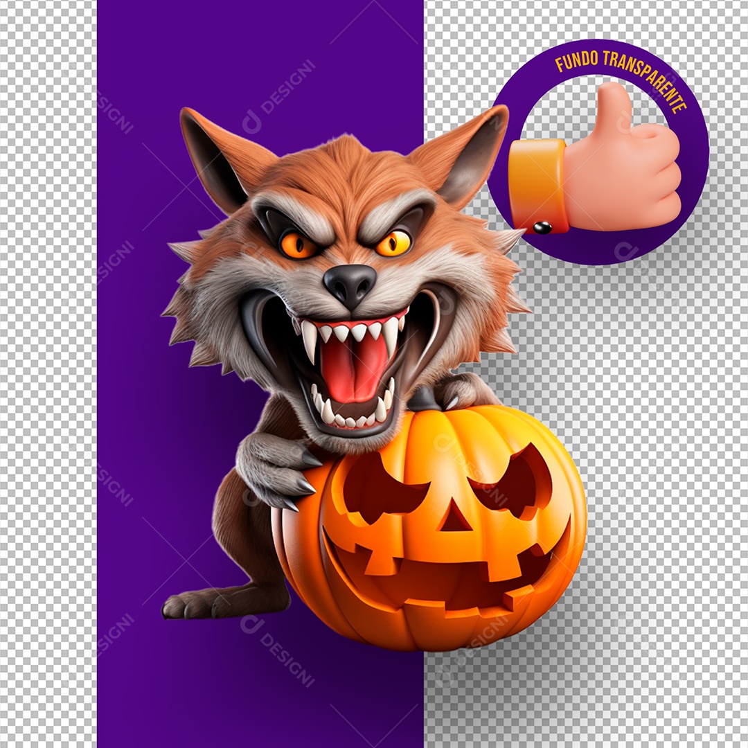 Lobo Assustador e Abóbora de Halloween Elemento 3D para Composição PSD