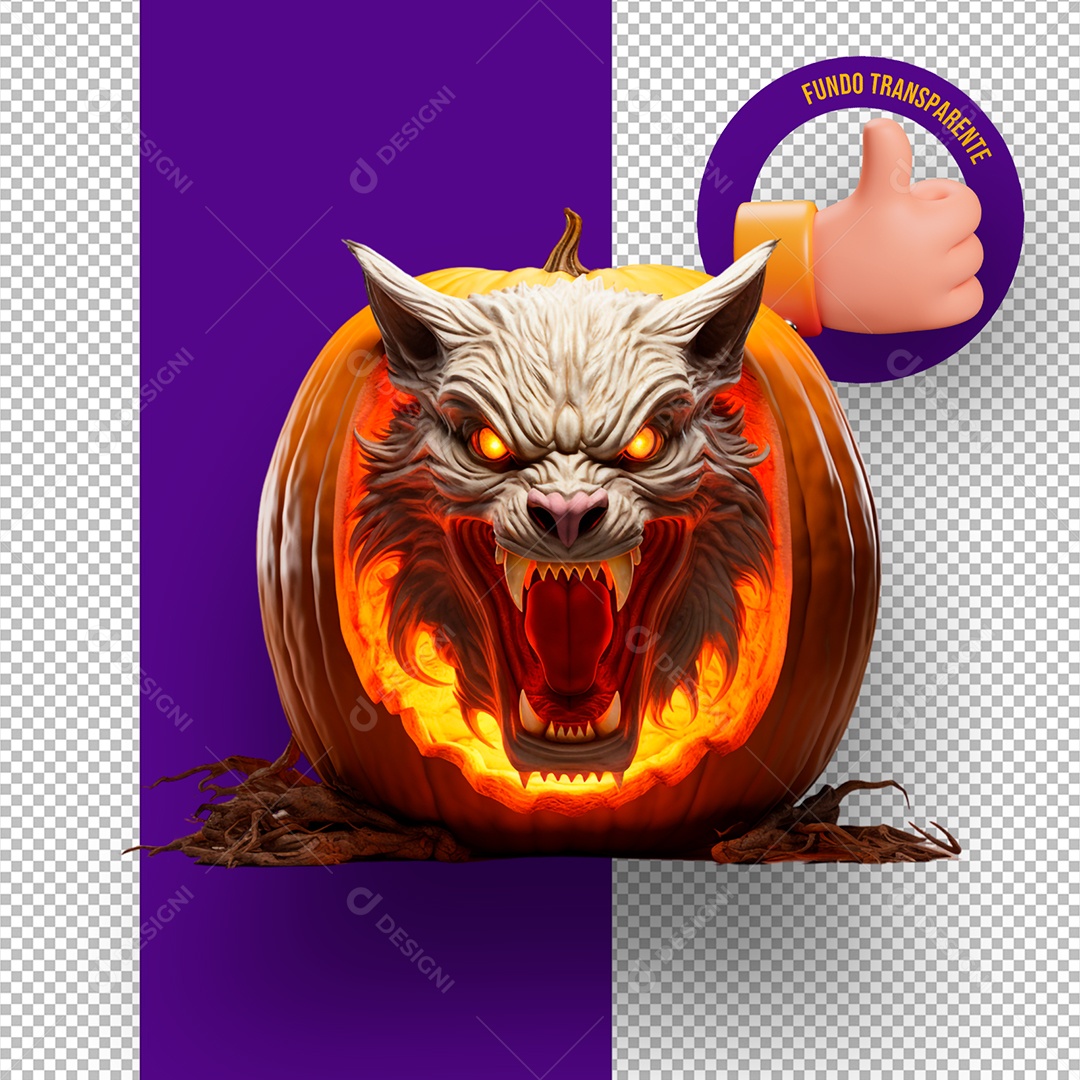 Lobo Assustador Dentro de Abóbora de Halloween Elemento 3D para Composição PSD