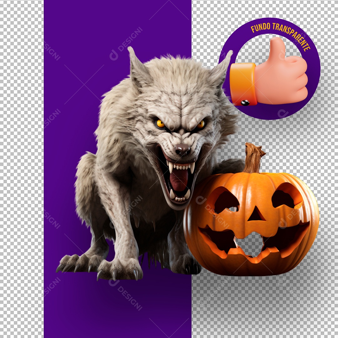 Lobo Assustador e Abóbora de Halloween Elemento 3D para Composição PSD