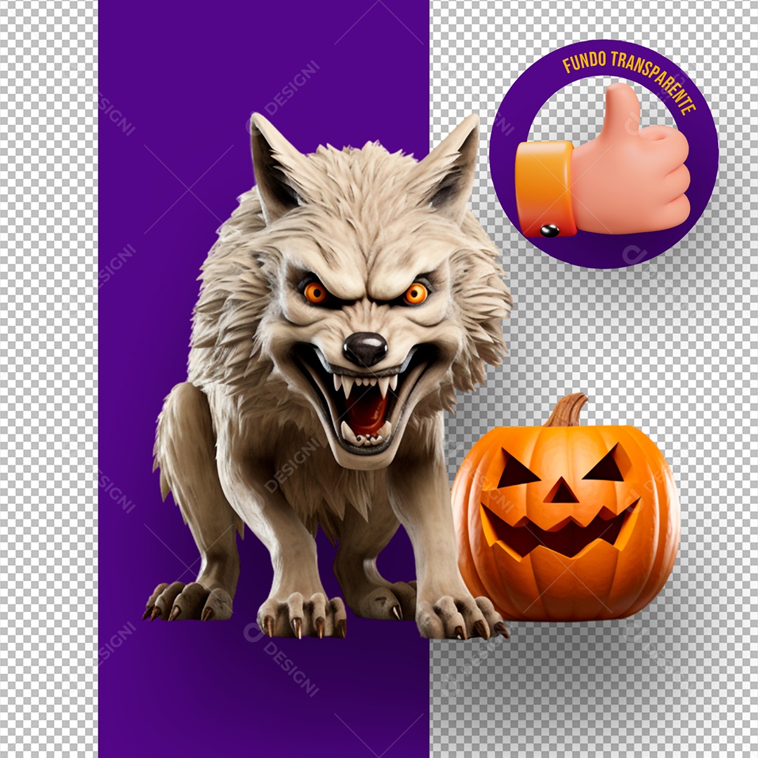 Lobo Assustador e Abóbora de Halloween Elemento 3D para Composição PSD