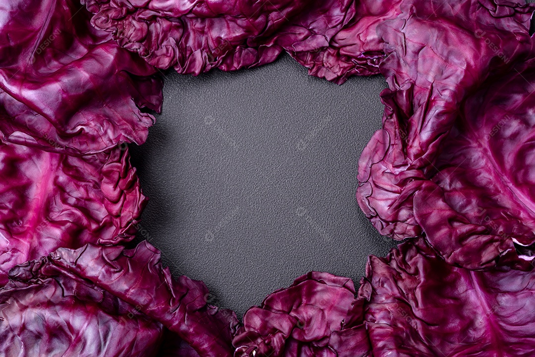 Repolho roxo lindo fresco com folhas texturizadas em um fundo escuro de concreto. Cozinha vegetariana