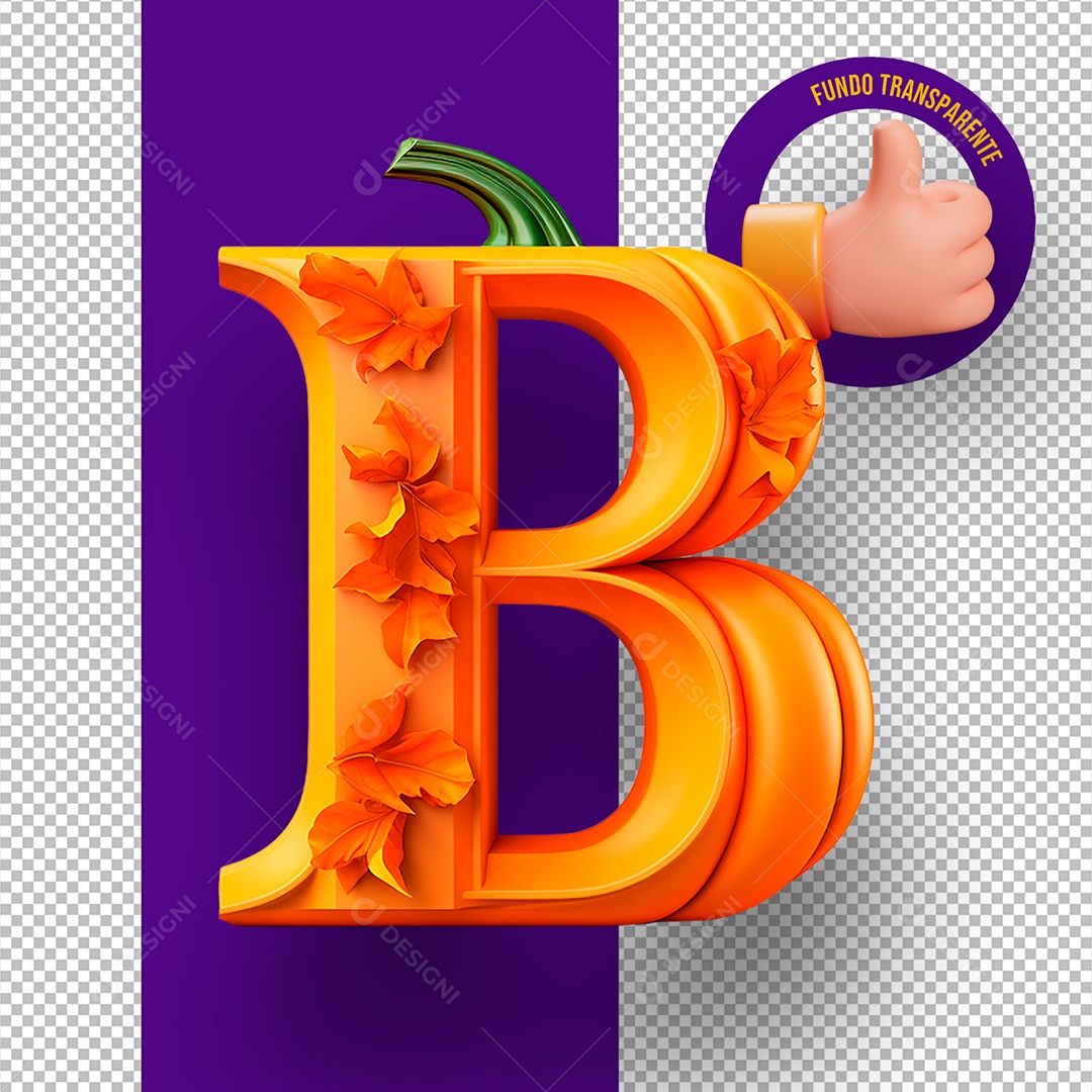 Letra B Maiúscula com Textura de Abóbora Decoração de Halloween Elemento 3D para Composição PSD
